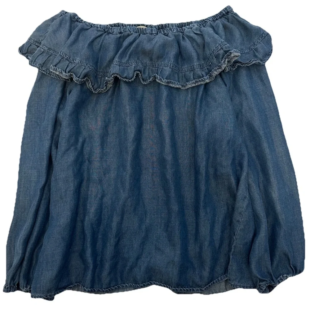 Altar’d State Off Shoulder Denim Blouse Oversized Flowy Ruffle Women’s Size S - Picture 6 of 9